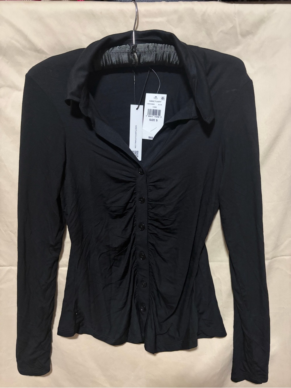 Sanctuary Black Ruched Button-Down Shirt